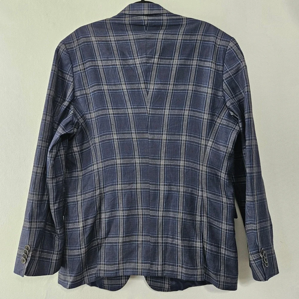 Tommy Hilfiger Sport Coat Mens 43R Blue Plaid Linen Two Button Blazer Jacket